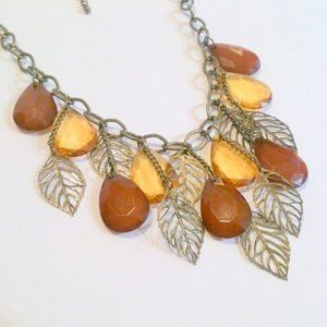 Brass Tone Leaf and Drop Bib Statement Necklace *